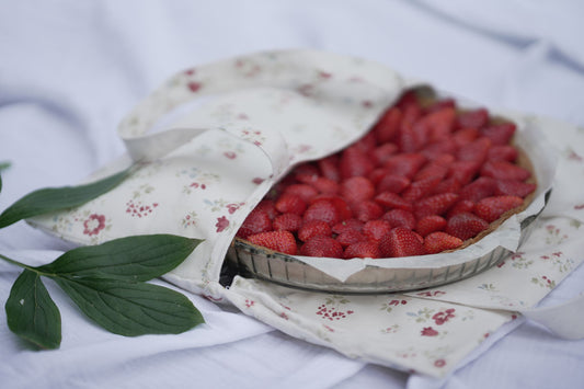 Sac à tarte réversible- motif fleurs rouges - Upcyclé